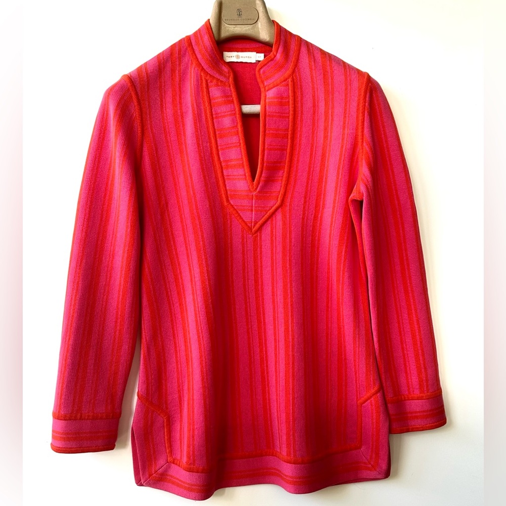 EUC Tory Burch Gina Tunic, Poppy Red Jersey Cotton (Pink and Orange), size S